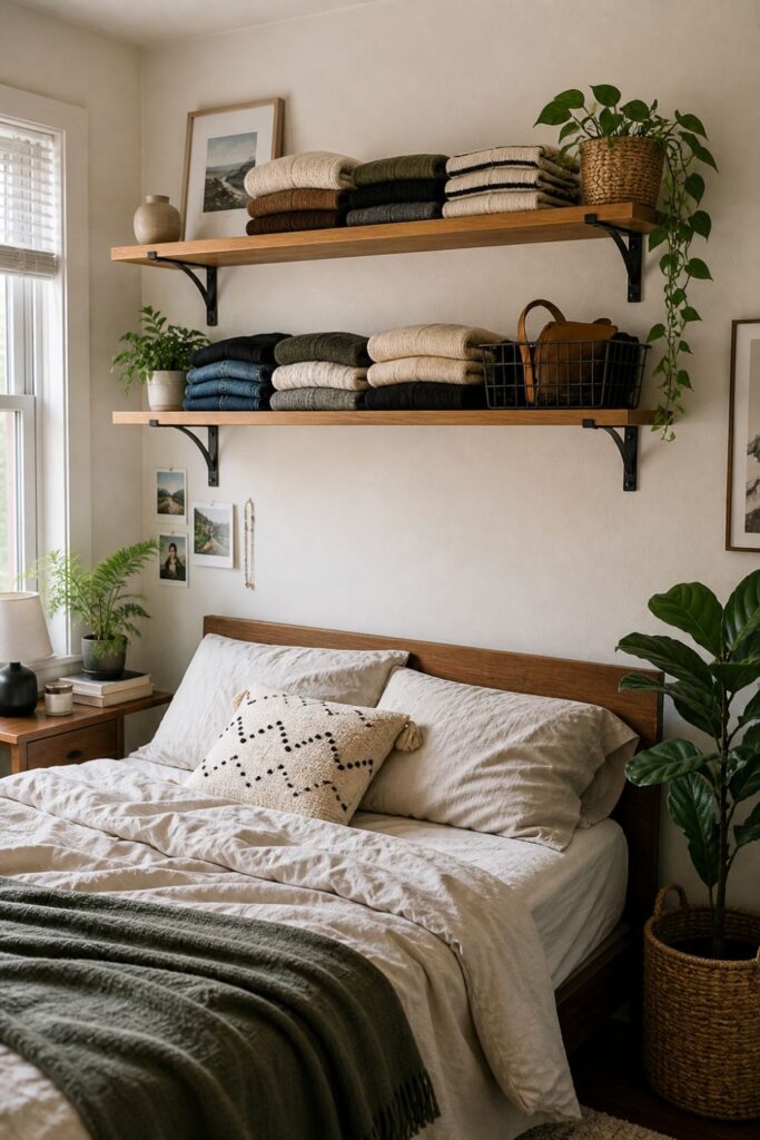 floating shelves in small bedroom used for folded clothes storage without closet