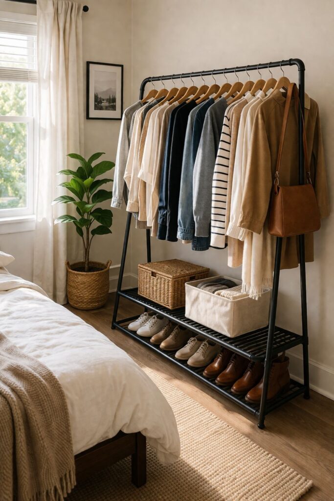 freestanding clothing rack in a small bedroom without a closet with hanging clothes and shoe storage below