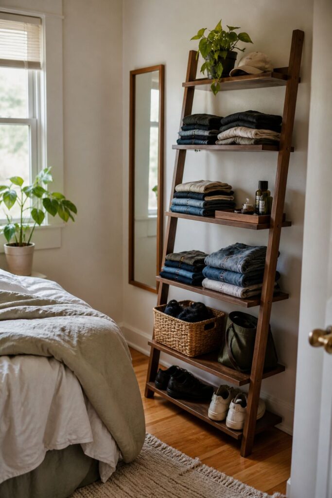 ladder shelf holding folded clothes and baskets in small bedroom without closet