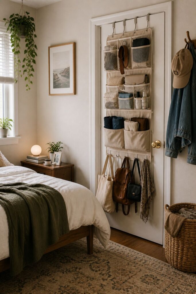over the door organizer storing shoes and accessories in small bedroom without closet