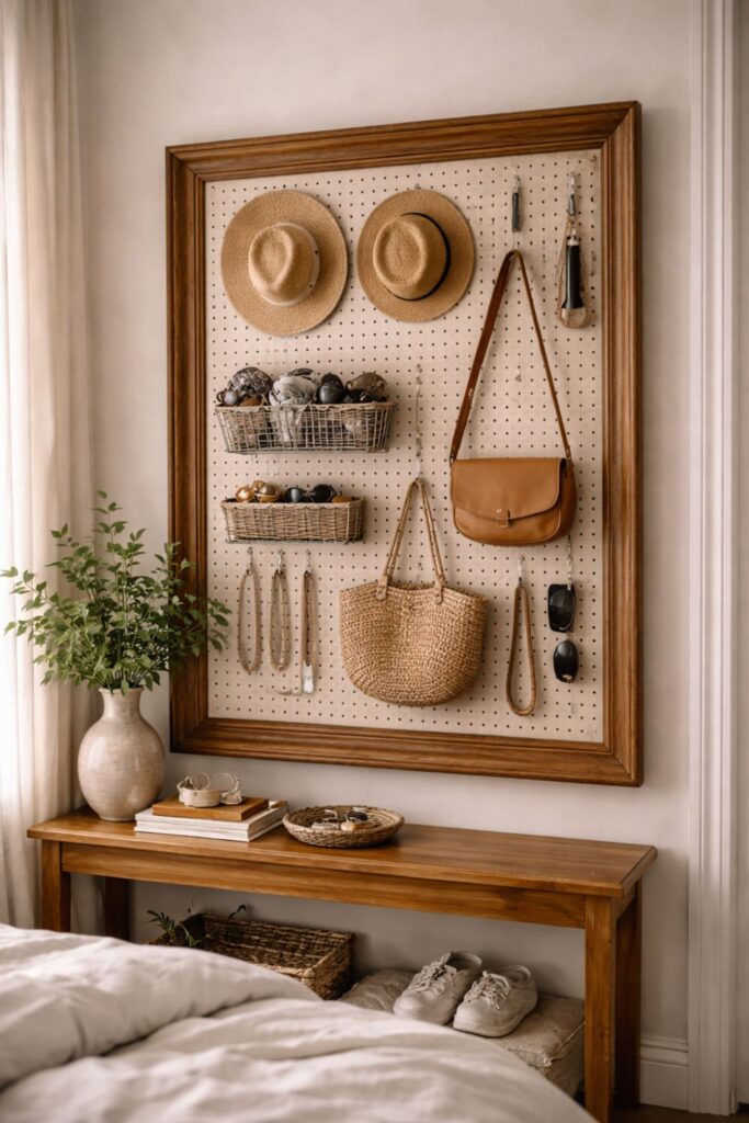 pegboard wall storage holding bags hats and accessories in small bedroom without closet