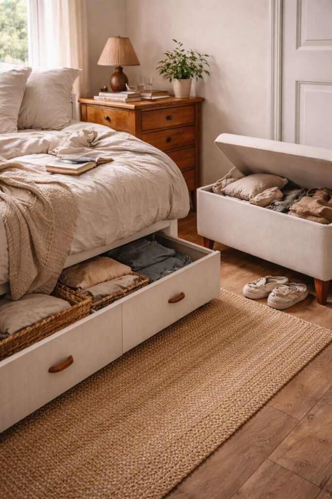 seasonal clothing stored in bins and vacuum bags in small bedroom without closet