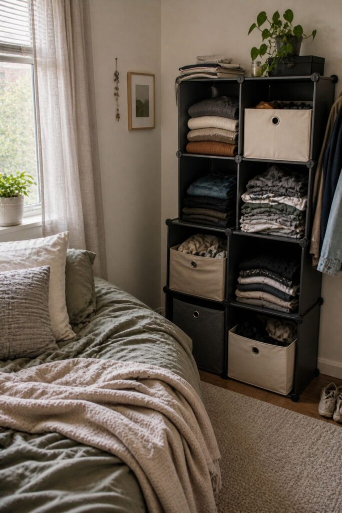 stackable storage cubes used for clothes and bins in small bedroom without closet
