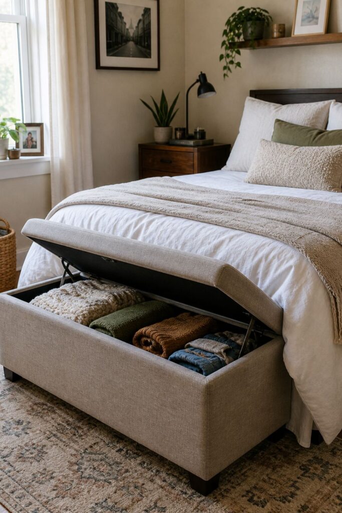 storage ottoman bench at foot of bed storing clothes and blankets in small bedroom without closet