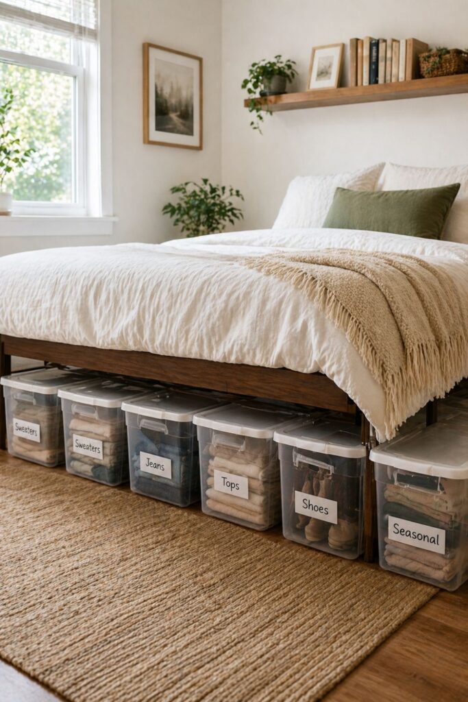 under bed storage bins in small bedroom used for clothes shoes and seasonal items without closet