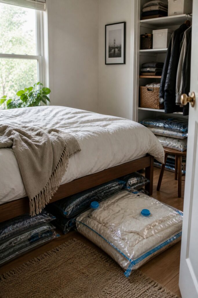 vacuum storage bags with compressed clothes stored under bed in small bedroom