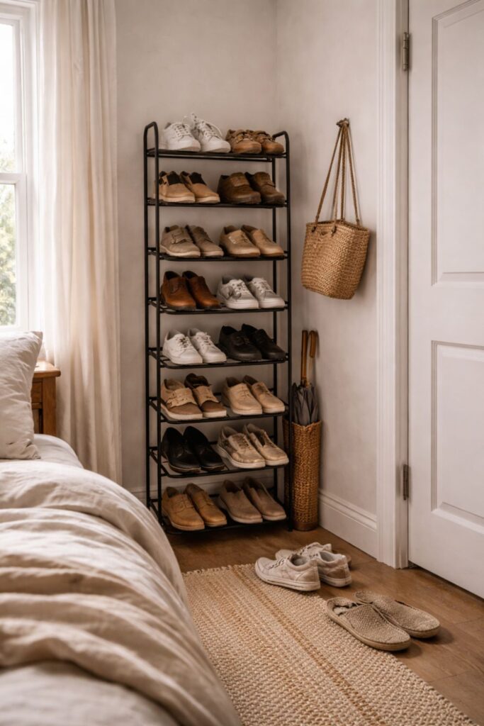 vertical shoe rack organizing multiple pairs of shoes in small bedroom without closet