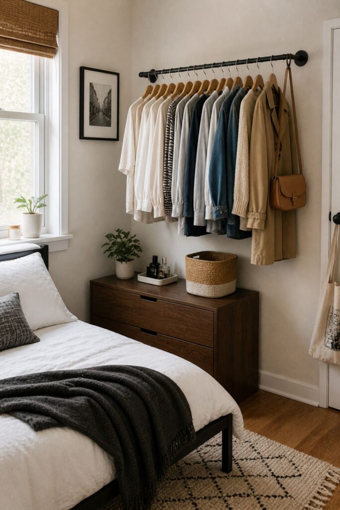 wall mounted clothing rod in small bedroom without closet with organized hanging clothes above dresser